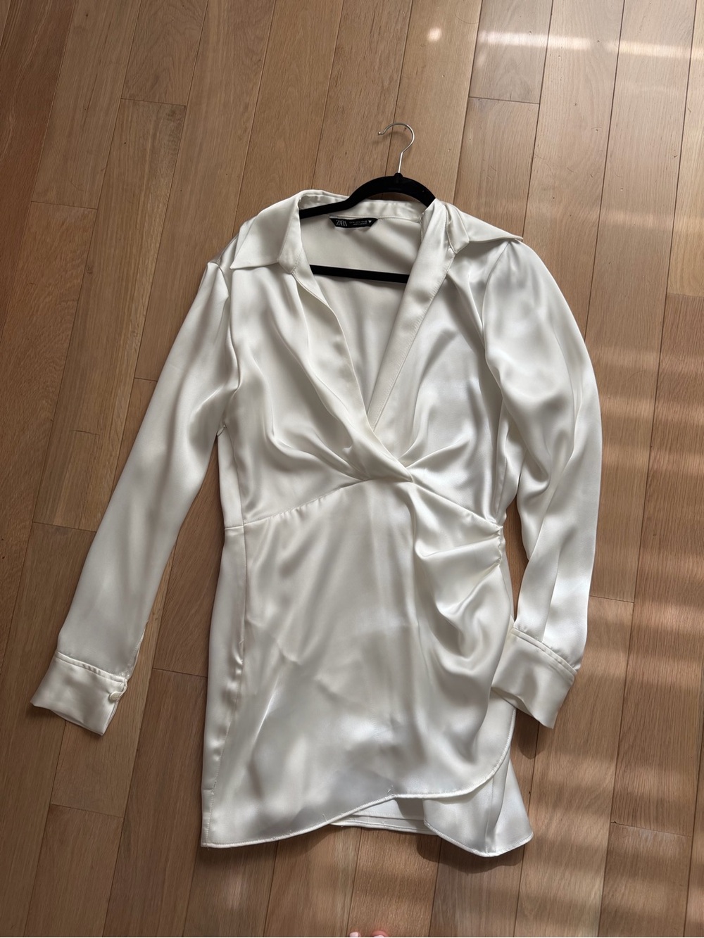 Zara Cream Satin Wrap-Style Long Sleeve Dress